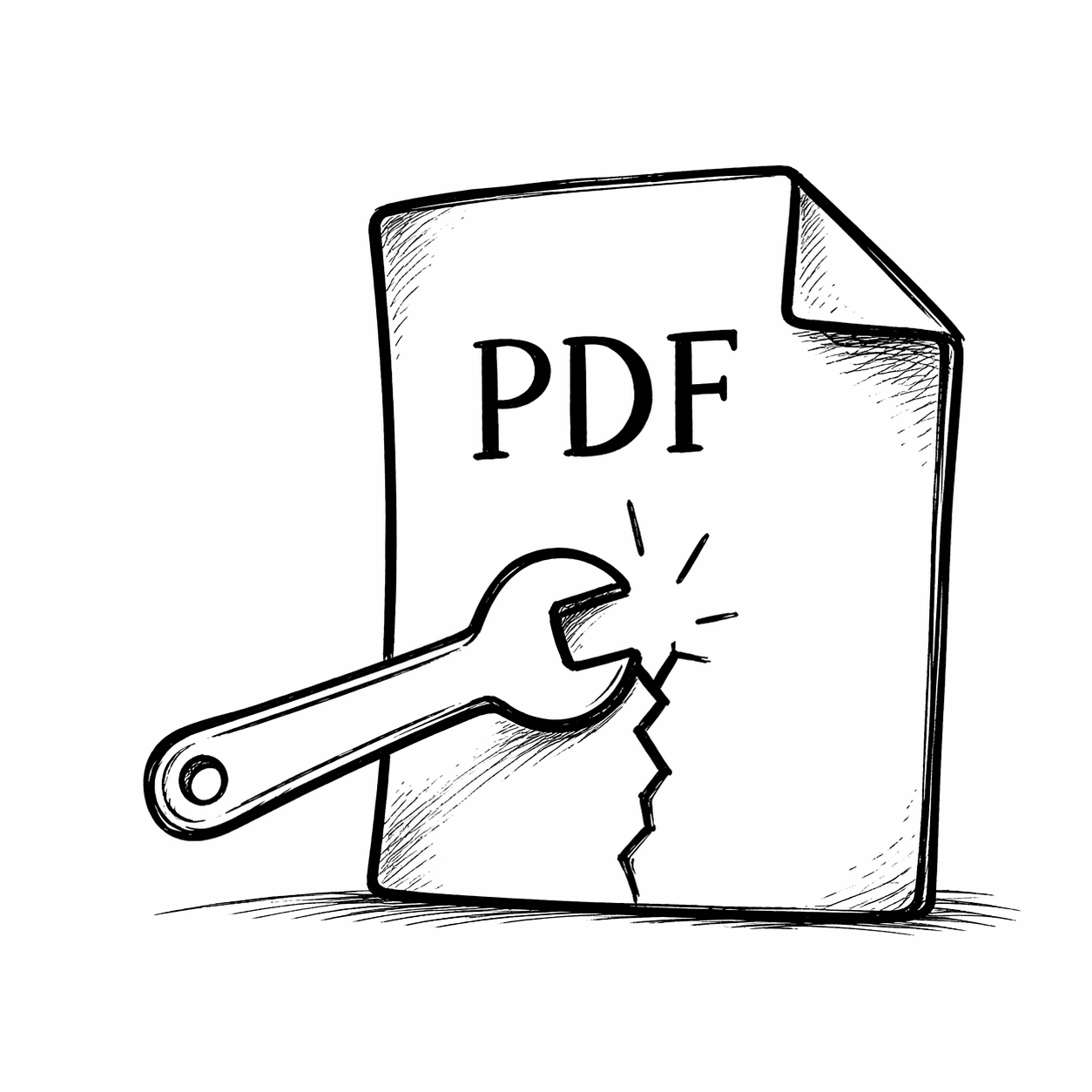 Hand-drawn illustration of a wrench repairing a cracked PDF document